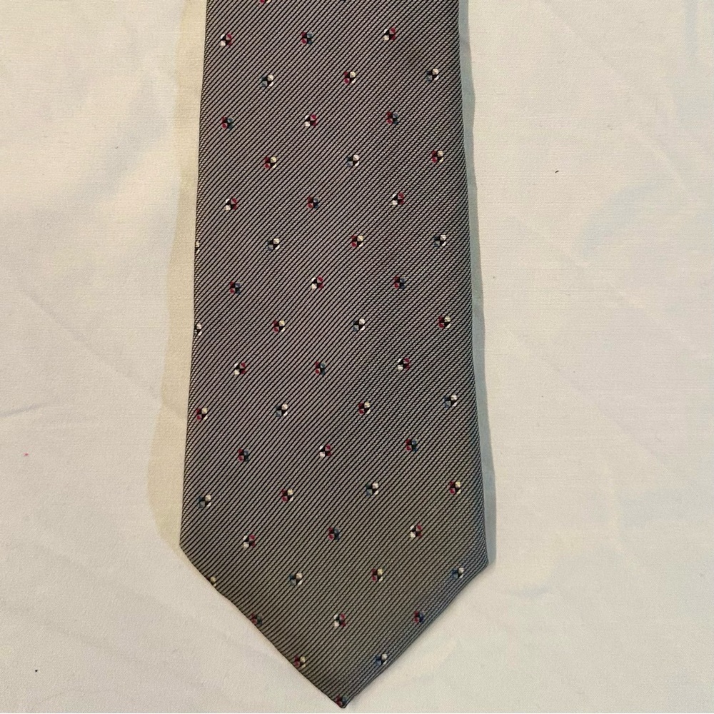 Christian Dior All Silk Diagonal Lines & Dots Design Print Mens Neck Tie Gray